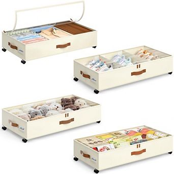 4-Pack Under Bed Storage Containers with Adjustable Dividers Rolling Organizer