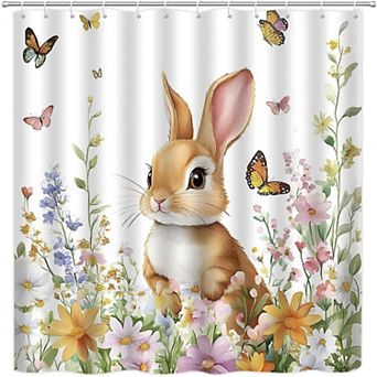 Rabbits Floral Plant Easter Shower Curtains for Bathroom Waterproof Decor 72x72 Inch