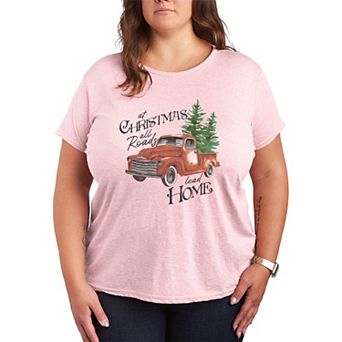 Plus Size “At Christmas All Roads Lead Home” Vintage Red Truck Graphic Tee