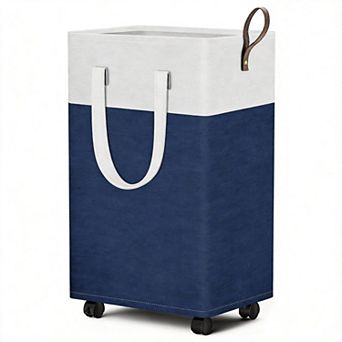 Rolling Laundry Basket Collapsible Waterproof PEVA Lining Flax Fabric Metal Frame Wheels