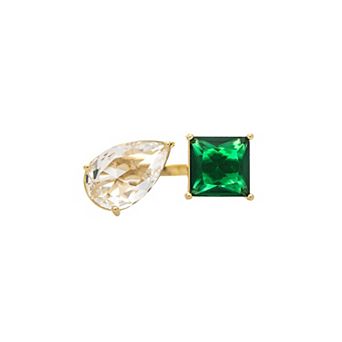 Rivka Friedman 18K Gold Plated Pear and Square Emerald Green CZ Moi et Toi Ring
