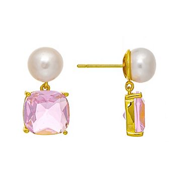 Rivka Friedman 18K Gold Plated Pearl + Pink CZ Drop Earring