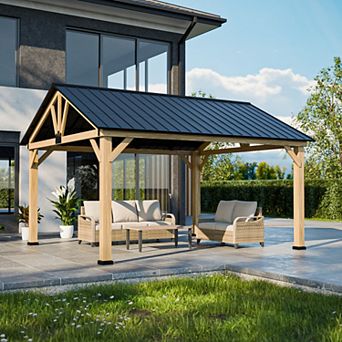 SHADE GRAPHIX 13x15 Gable Roof Hardtop Gazebo with Cedar Wooden Frame and Galvanized Steel Roof