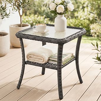 SHADE GRAPHIX Outdoor Wicker Side Table with Lower Shelf & Tempered Glass Top, Stonewash Gray