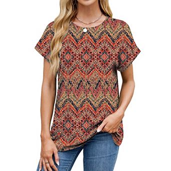 Women Crew Neck Boho Printed Short Sleeve Tops Loose Casual T Shirts Blouse