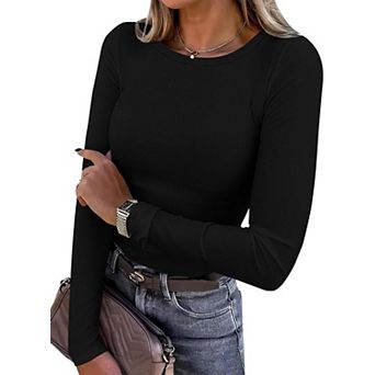 Women's Crew Neck Ribbed Long Sleeve Tops Slim Fit Basic Casual Layering T Shirts