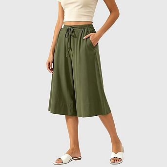 Women's Cotton Capris Pants Summer Casual Wide Leg Flowy Culottes Elastic Waist with Pockets