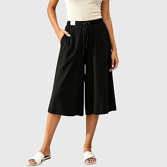 Women's Cotton Capris Pants Summer Casual Wide Leg Flowy Culottes Elastic Waist with Pockets