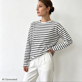 Women's Crew Neck Striped Long Sleeve Tee, Relaxed Fit Casual Basic Layering Top