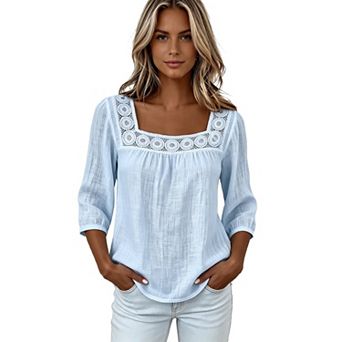 T Shirts for Women Summer 3/4 Sleeve Tops Square Neck Soft Loose Fit Casual Blouses Top