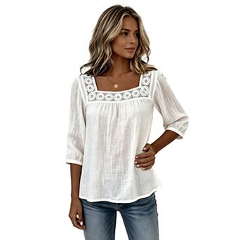 T Shirts for Women Summer 3/4 Sleeve Tops Square Neck Soft Loose Fit Casual Blouses Top