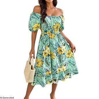 Women Square Neck Short Sleeve Floral Smocked Midi Dress
