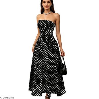 Women’s Strapless Polka Dot A-Line Flowy Boho Beach Vacation Casual Maxi Dress