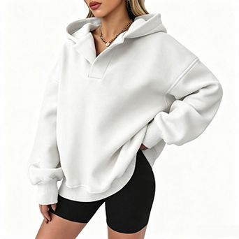 Women Oversized Notch V‑Neck Hoodie Solid Color Loose Fit Long Sleeve Casual Pullover Sweatshirt