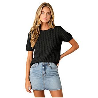 Women Short Sleeve Cable Knit Top Lightweight Sweater