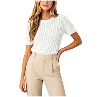 Women Short Sleeve Cable Knit Top Lightweight Sweater