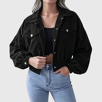 Women's Cropped Corduroy Jacket Casual Collared Button Down Long Sleeve Work Coat Blazer