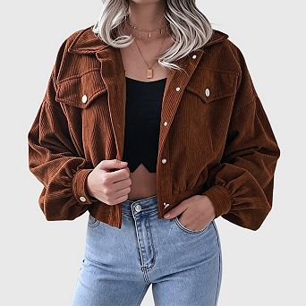 Women's Cropped Corduroy Jacket Casual Collared Button Down Long Sleeve Work Coat Blazer