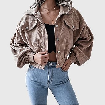 Women's Cropped Corduroy Jacket Casual Collared Button Down Long Sleeve Work Coat Blazer