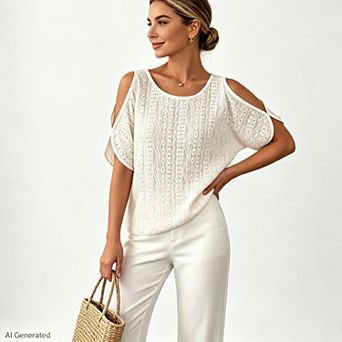 Women's Crew Neck Eyelet Cold Shoulder Blouse, Loose Textured Hollow Out Casual Summer Top