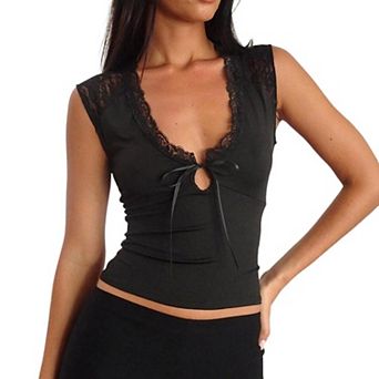 Women Lace Cap Sleeve Crop Tops Deep V Neck Tie Keyhole Slim Fit Casual Camisole Tees