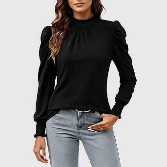Puff Long Sleeve Pleated Shirts for Women Dressy Casual Mock Neck Frill Blouses Spring Fall Tops