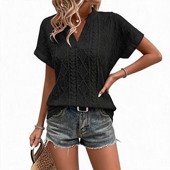Women's V Neck Jacquard Top Loose Short Sleeve Casual Tunic Top