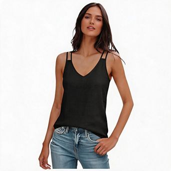 Women V Neck Double Spaghetti Strap Tank Top Cotton Sleeveless Casual Loose Vest