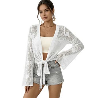 Women Hollow Out Tie Knot Cardigan Bell Sleeve Top
