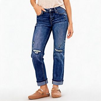 Women Mid Rise Distressed Straight Leg Jeans Roll Cuff Frayed Ripped Denim Pants Casual Washed Jeans