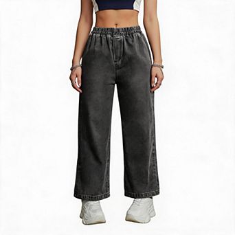 Women Elastic High Waist Washed Straight Leg Jeans Casual Loose Wide Leg Denim Trousers