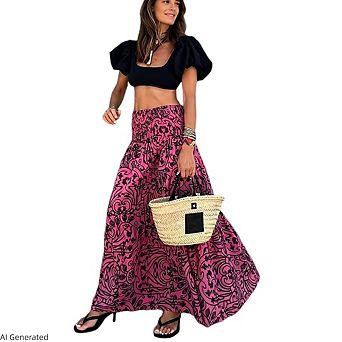 Women Floral Print Bohemian Vintage Loose Elastic Waist Maxi Skirt