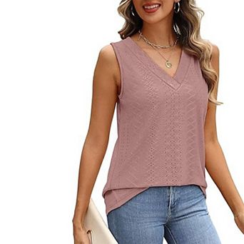 Women Tank Top Summer Outfits v Neck t Shirts Trendy Eyelet Sleeveless Basic Solid Vacation Clothes