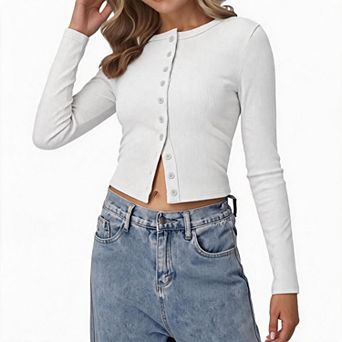 Women Knit Cropped Cardigan Long Sleeve Button Front Slim Fit Shrug Casual Lightweight Sweater