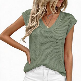 Women V Neck Cap Sleeve Knit Sweater Vest Loose Fit Sleeveless Casual Sweater