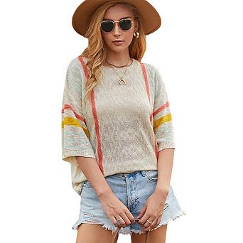 Women’s Vertical Striped Colorblock Knit Top with Flared Mid-Length Sleeves