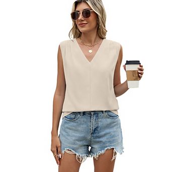 Women's Sleeveless Solid Chiffon Blouse V-Neck Loose Fit Pleated Tank Top