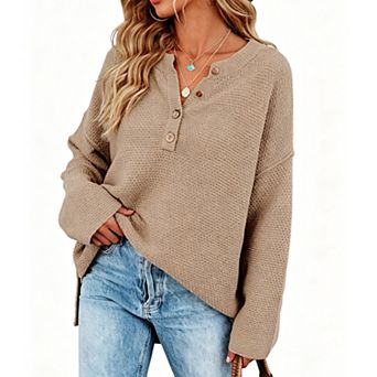 Women V Neck Henley Button Knit Sweater Side Split Loose Solid Pullover Sweater