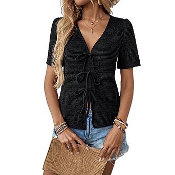 Women’s Textured Knit T-Shirt with Bow Tie Neck Detail and Stylish Fit