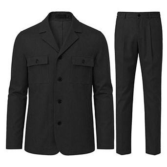 Men's 2 pc Casual Suit Set Fitted Denim Style Pleated Stretch Pants Blazer