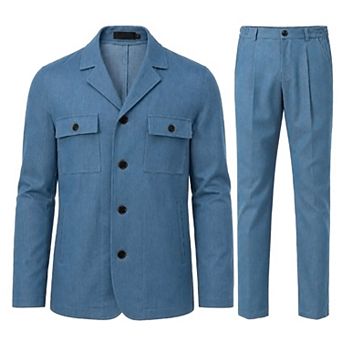 Men's 2 pc Casual Suit Set Fitted Denim Style Pleated Stretch Pants Blazer