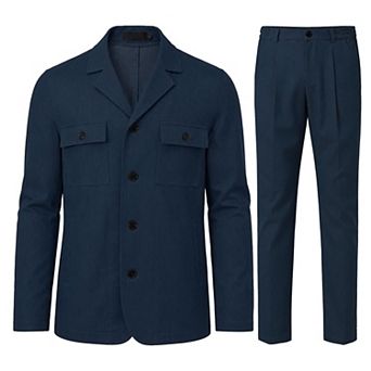 Men's 2 pc Casual Suit Set Fitted Denim Style Pleated Stretch Pants Blazer