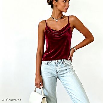 Women Velvet Cowl Neck Camisole Top Adjustable Spaghetti Strap Sleeveless Casual Tank Blouse