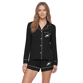 Women's Concepts Sport Black Philadelphia Eagles Medley Long Sleeve Button-Up and Shorts Sleep Set
