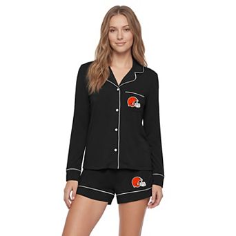 Women's Concepts Sport Black Cleveland Browns Medley Long Sleeve Button-Up and Shorts Sleep Set
