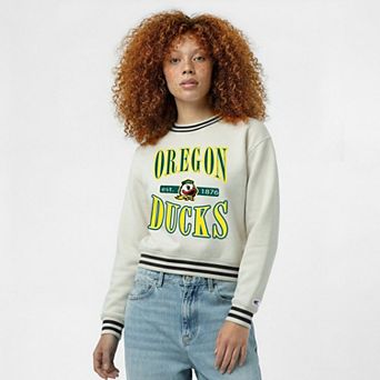 Women's Champion White Oregon Ducks Yarn Dye Rib Reverse Weave Crew Sweatshirt