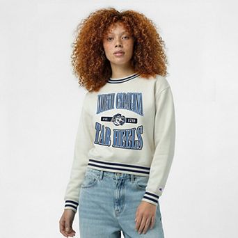 Women's Champion White North Carolina Tar Heels Yarn Dye Rib Reverse Weave Crew Sweatshirt