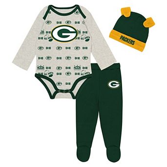 Newborn Outerstuff Heather Gray Green Bay Packers Huddles & Giggles 3 pc Pant and Hat Set