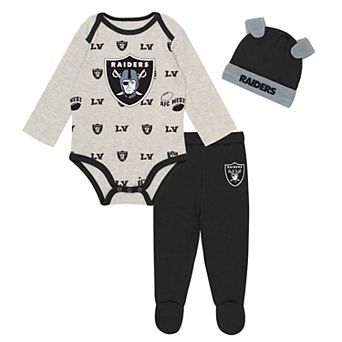 Newborn Outerstuff Heather Gray Las Vegas Raiders Huddles & Giggles 3 pc Pant and Hat Set