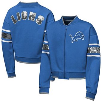 Girls Youth Outerstuff Blue Detroit Lions MVP Full-Zip Sequin Bomber Jacket